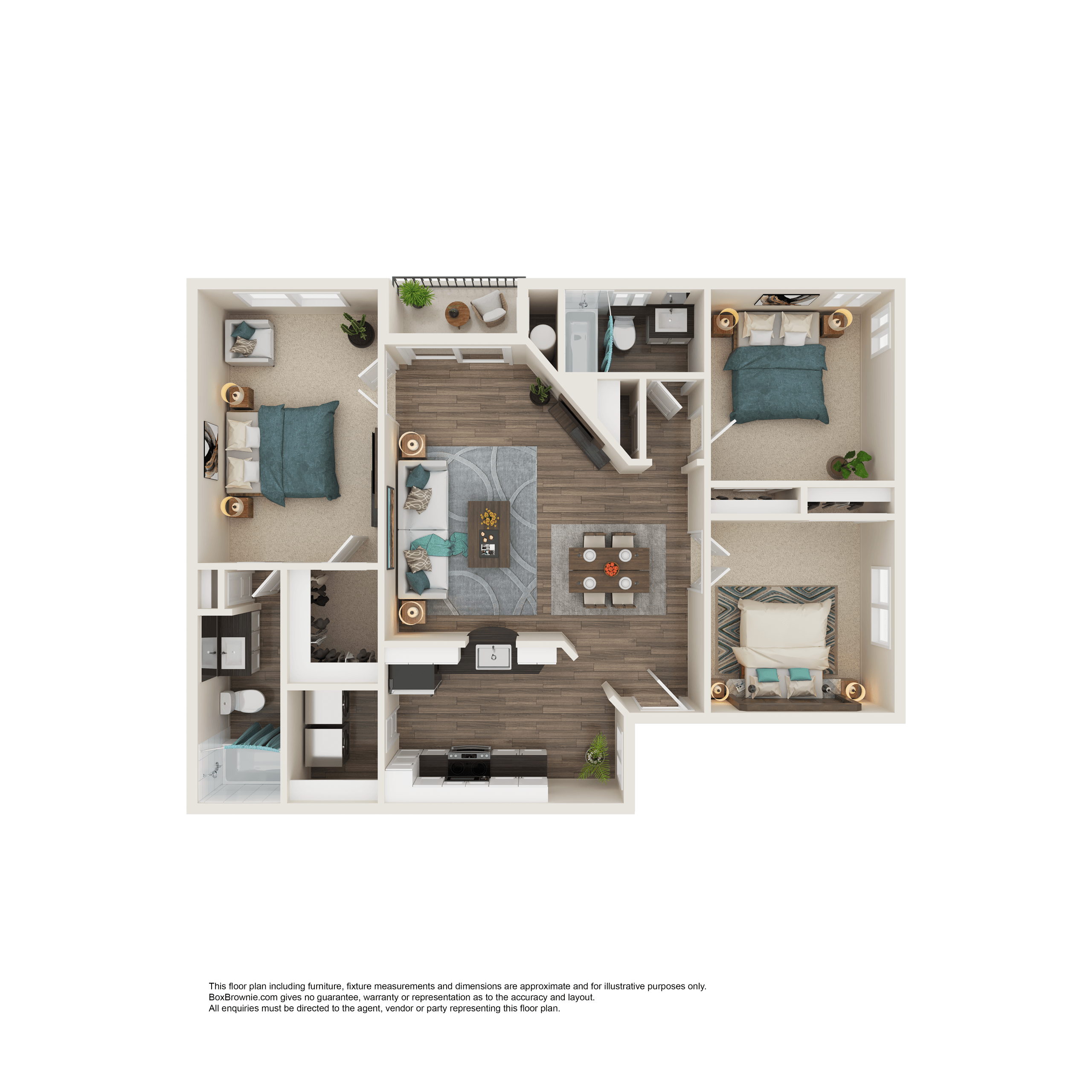 Floor plan for 3 beds, 2 baths, 1114 sqft